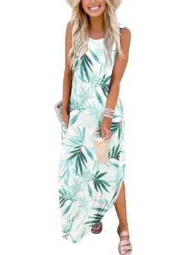 Women's Casual Loose Maxi Dress Sleeveless Pockets Slit Beach Sundress