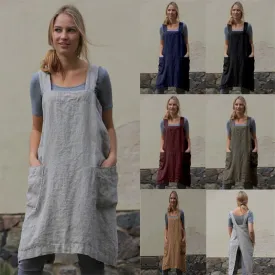Women's Cotton Linen Apron Long Mid Waist Circumference Home Wear Loose Dress