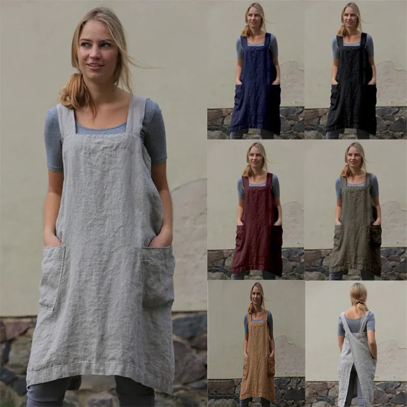 Women's Cotton Linen Apron Long Mid Waist Circumference Home Wear Loose Dress