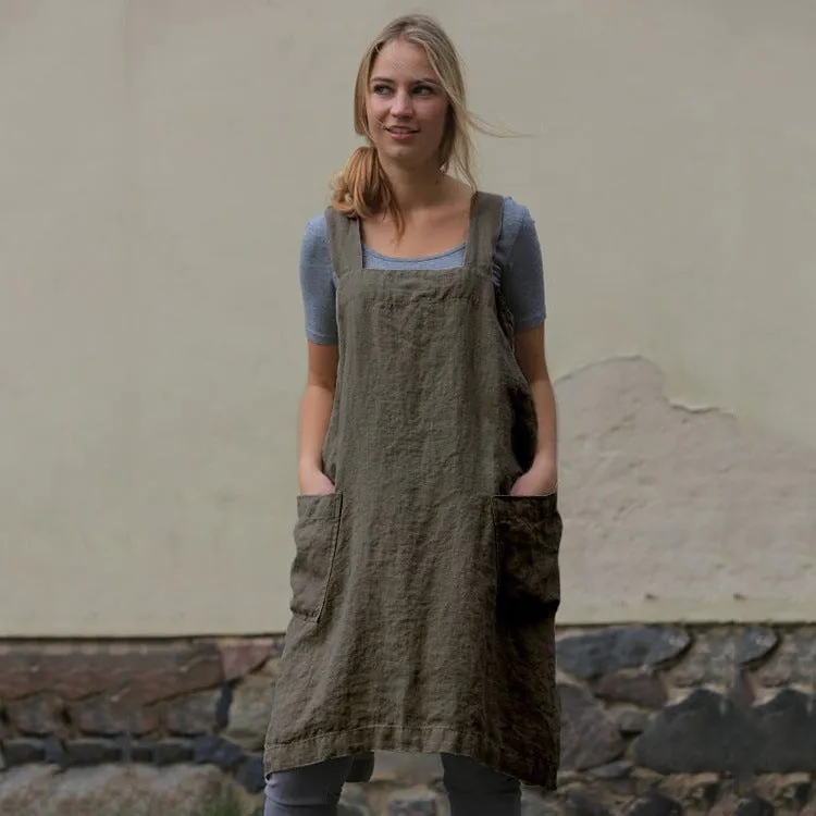 Women's Cotton Linen Apron Long Mid Waist Circumference Home Wear Loose Dress