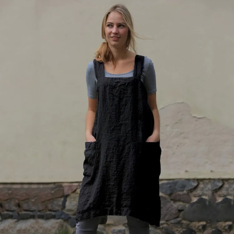 Women's Cotton Linen Apron Long Mid Waist Circumference Home Wear Loose Dress