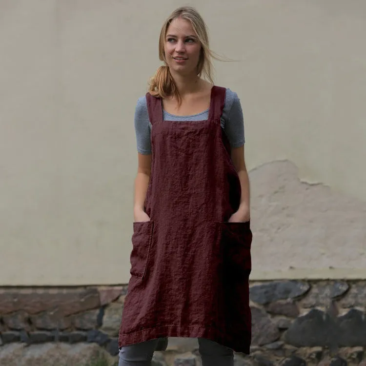 Women's Cotton Linen Apron Long Mid Waist Circumference Home Wear Loose Dress