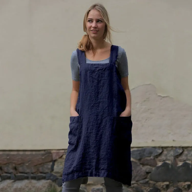 Women's Cotton Linen Apron Long Mid Waist Circumference Home Wear Loose Dress