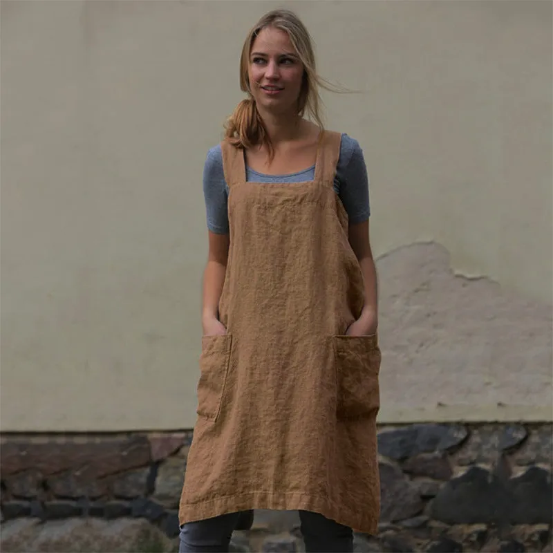 Women's Cotton Linen Apron Long Mid Waist Circumference Home Wear Loose Dress